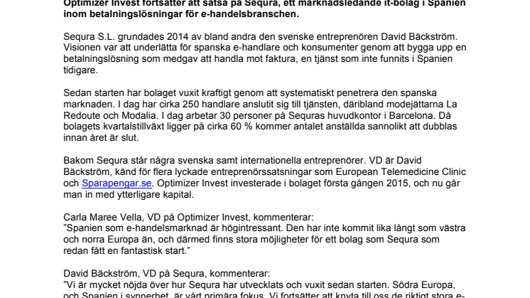 Optimizer utökar sin investering i betalningslösningsföretaget Sequra