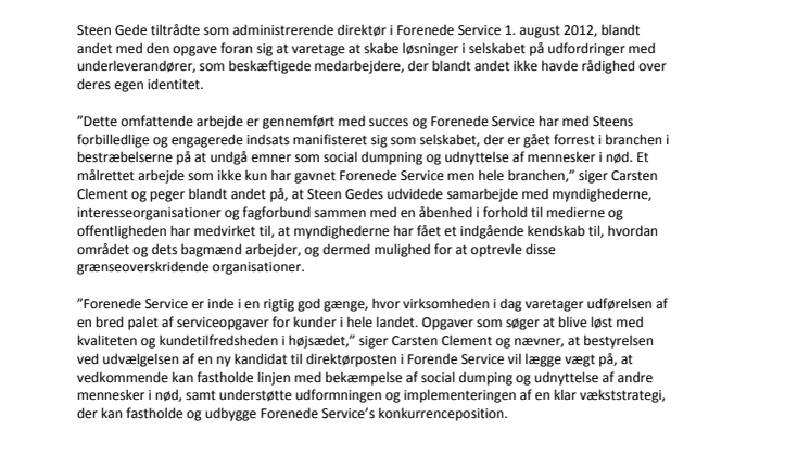 Forenede Services adm. direktør fratræder sin stilling 