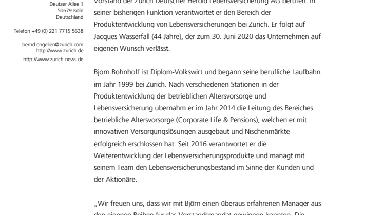 Björn Bohnhoff wird Zurich Vorstand für das Lebensversicherungsgeschäft