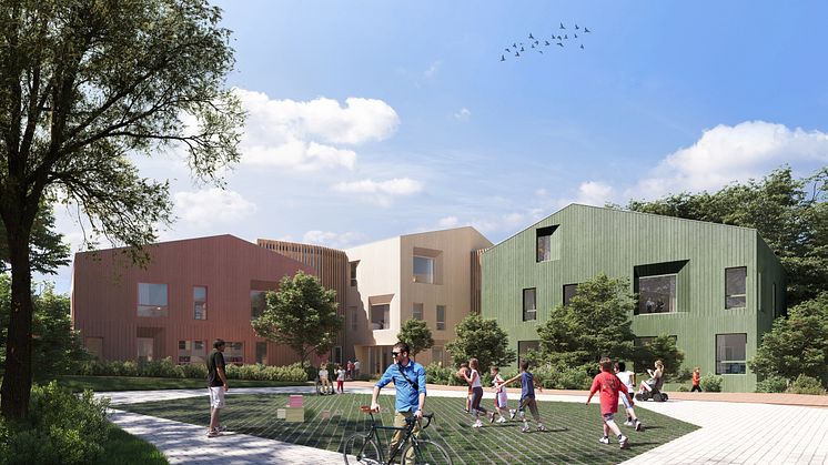 Ved Mosvatnet i Stavanger etableres Poppeltunet, med plusshus og passivhus-standard på byggene, som tilrettelegger for det gode hverdagslivet for brukerne og nærområdet. (Illustrasjoner: LINK Arkitektur)