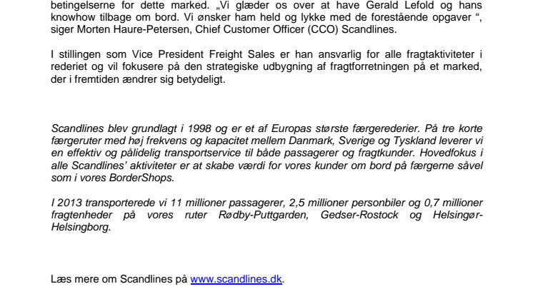 Gerald Lefold tiltræder som VP Freight Sales hos Scandlines