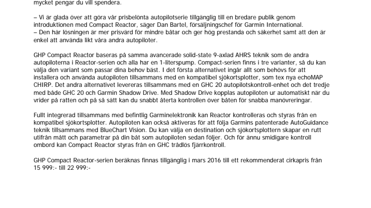 Garmin® Compact Reactor™ – en ny autopilot i GHP™-serien