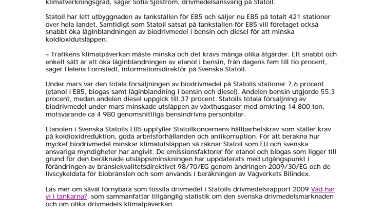 Försäljningen av E85 ökade under mars