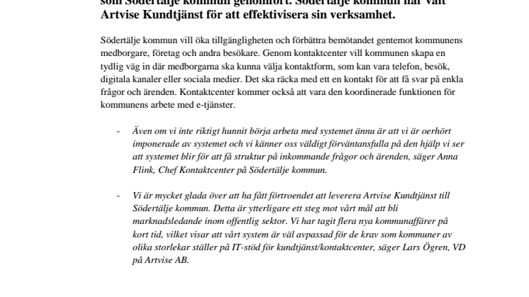Södertälje kommun satsar på Artvise Kundtjänst!