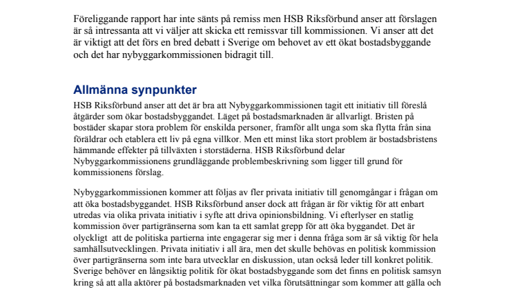 HSB svarar Nybyggarkommissionen 