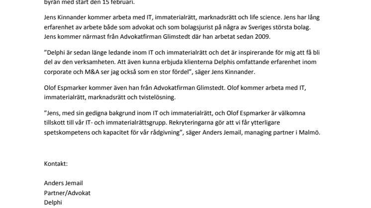 Delphi rekryterar jurister till sitt team inom IT, immaterialrätt och marknadsrätt