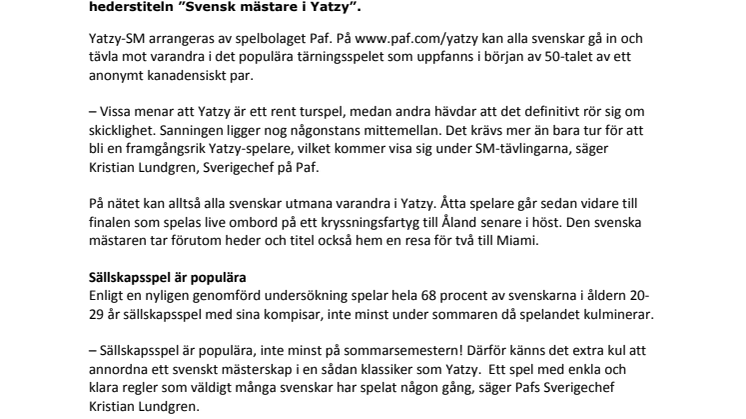 Premiär för Svenska Mästerskapen i Yatzy