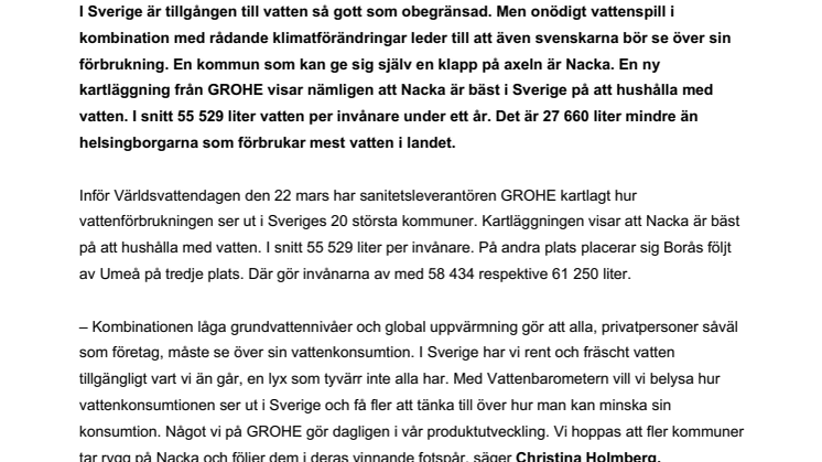 GROHEs Vattenbarometer: Nacka bäst på att hushålla med vatten 