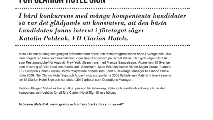 Mats-Erik Lidström blir ny Hotelldirektör för Clarion Hotel Sign