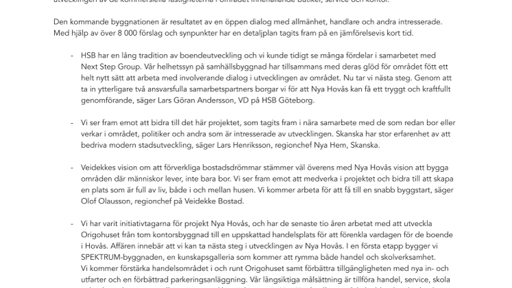 Storsatsning inför byggstart i Nya Hovås- HSB, Skanska, Veidekke och Next Step Group gör gemensam sak.