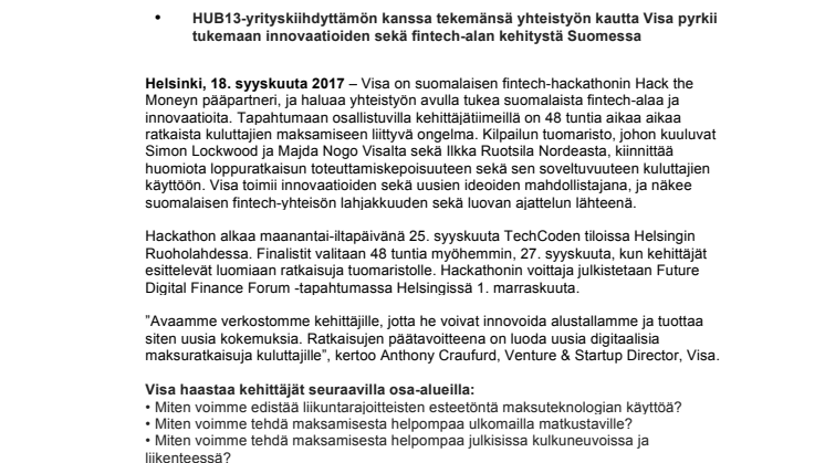 Visa avaa alustansa kehittäjille Suomessa kiihdyttääkseen maksamisen innovaatioita