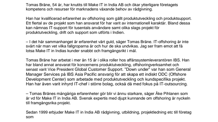 Make IT in India AB förstärker inom rådgivning