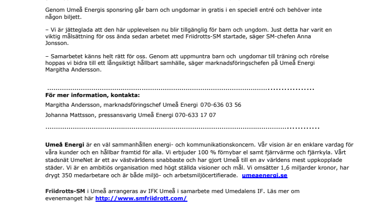 Umeå Energi bjuder alla barn och ungdomar på entrén till Friidrotts-SM 