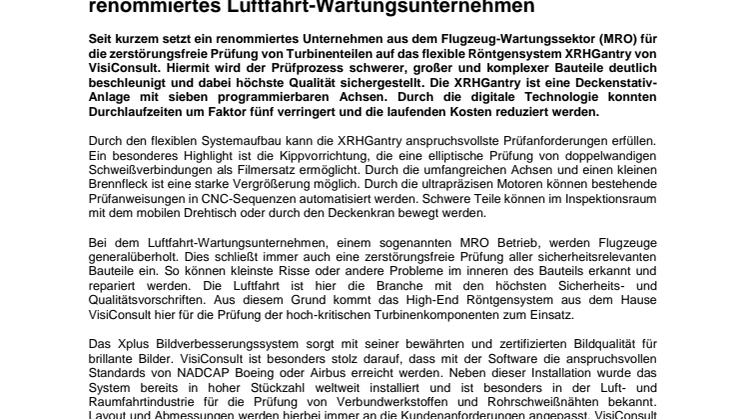 VisiConsult liefert High-End Digitales Röntgensystem an renommiertes Luftfahrt-Wartungsunternehmen