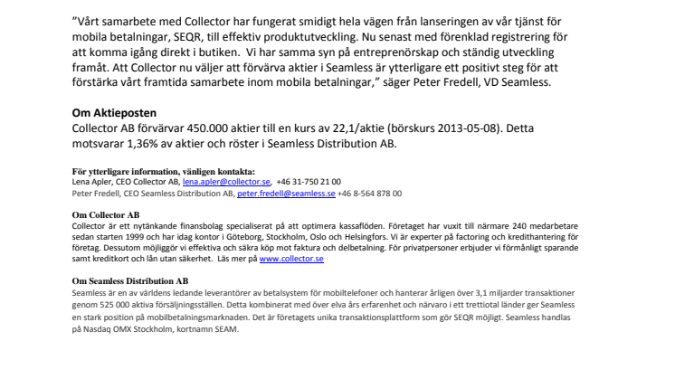 Collector förvärvar aktiepost i Seamless Distribution