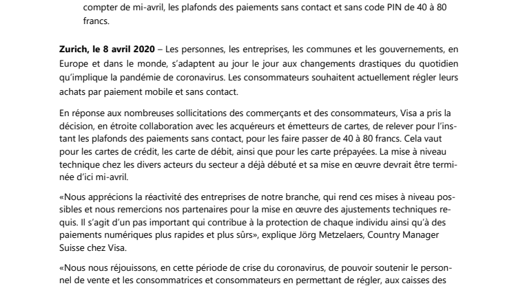 Visa soutient le relèvement du plafond des paiements sans contact en Suisse et au Lichtenstein  