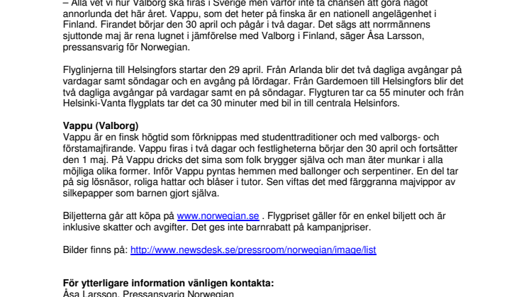 10 kronor biljetten när Norwegian firar ny linje till Helsingfors