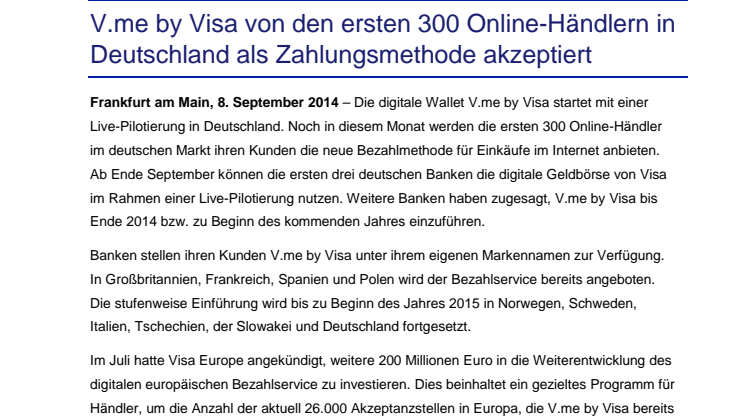 V.me by Visa von den ersten 300 Online-Händlern in Deutschland als Zahlungsmethode akzeptiert