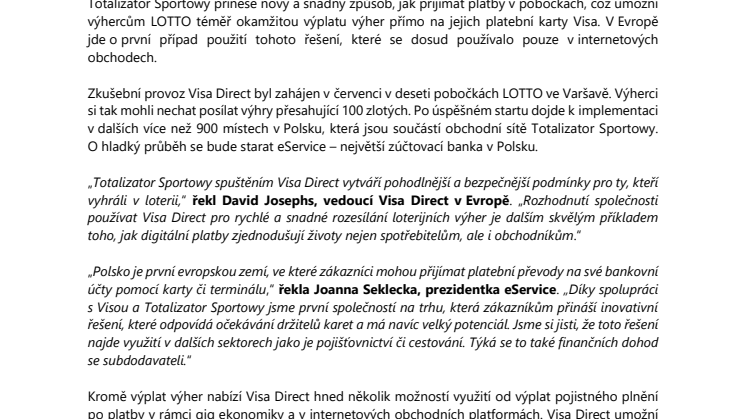 Visa Direct umožní výhercům loterie v Polsku téměř okamžité vyplácení výher na jejich karty v pobočkách LOTTO
