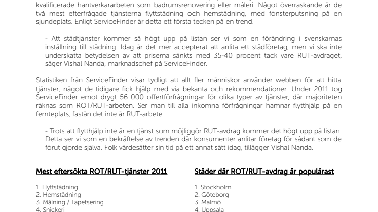 Flyttstädning mest populära RUT-tjänsten 2011. Se topplistan.