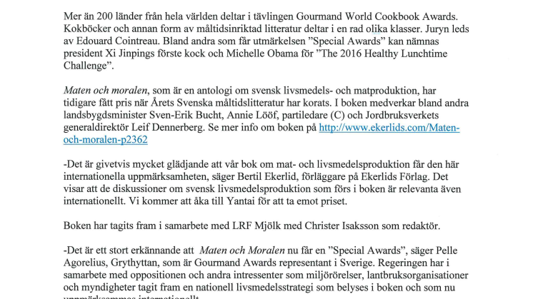Maten och moralen får ett internationellt pris för måltidsböcker