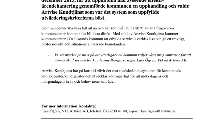 Oxelösunds kommun väljer Artvise Kundtjänst!