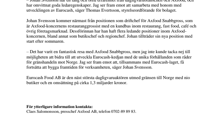 Johan Svensson ny vd för Eurocash Food AB