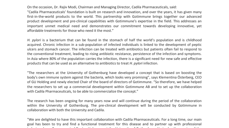 Gotimmune AB and Cadila Pharmaceuticals Ltd announce strategic collaboration 