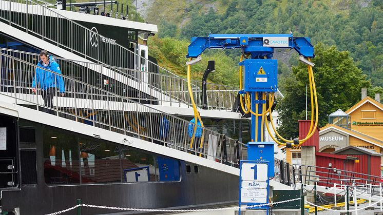 All set: a shore power dispenser unit charging the Vision of the Fjords at the Flåm berth in Norway.