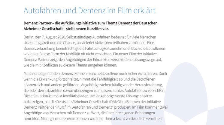 Autofahren und Demenz im Film erklärt - Demenz Partner, die Aufklärungsinitiative zum Thema Demenz der Deutschen Alzheimer Gesellschaft, stellt neuen Kurzfilm vor
