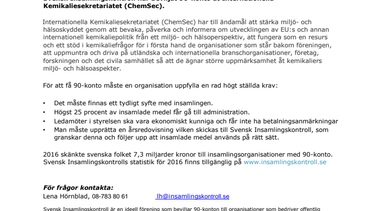 Internationella Kemikaliesekretariatet (ChemSec) har beviljats 90-konto