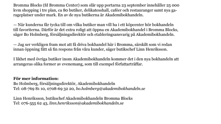 Akademibokhandeln öppnar ny bokhandel i Bromma