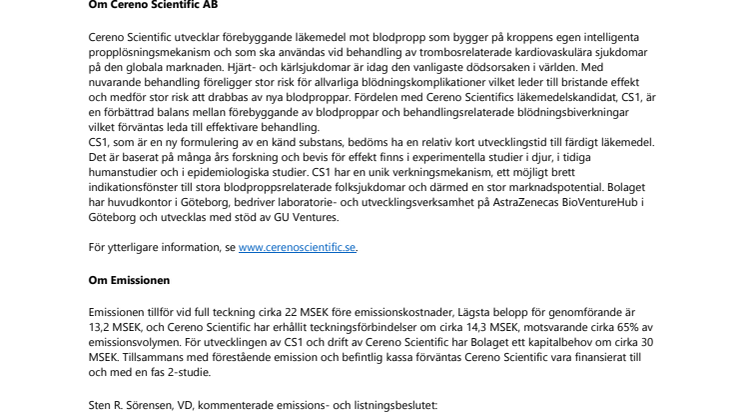 Idag inleds teckningstiden i Cereno Scientific AB:s emission inför planerad notering på AktieTorget  