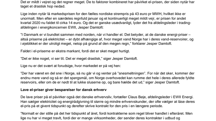 Mildt vejr og meget regn giver lave el-priser 
