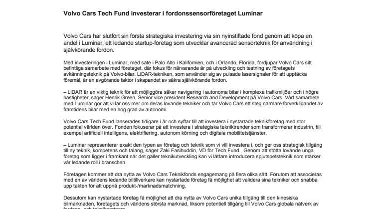Volvo Cars Tech Fund investerar i fordonssensorföretaget Luminar