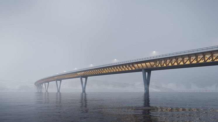 Konseptillustrasjon: Mulig bruløsning over Mjøsa fra sørøst.