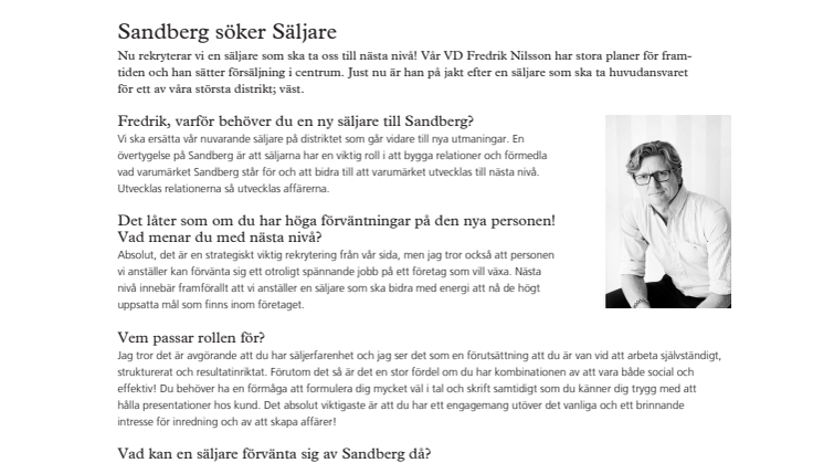 Sandberg söker säljare