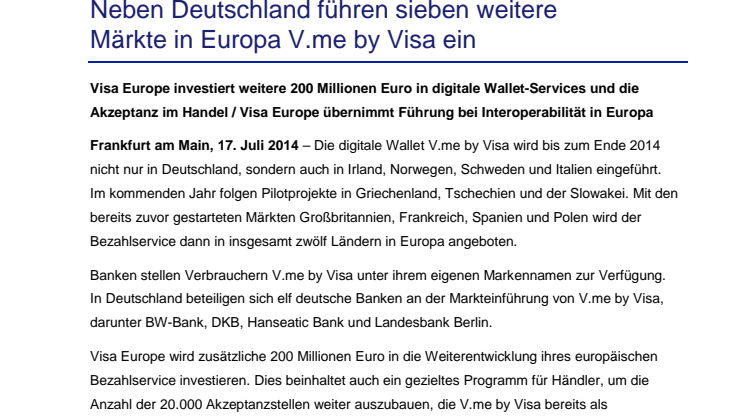 Neben Deutschland führen sieben weitere Märkte in Europa V.me by Visa ein