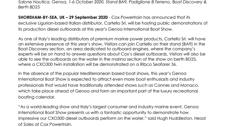 Cox Powertrain to Demonstrate CXO300 at Genoa International Boat Show