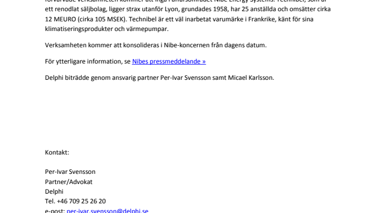 Delphi rådgivare när Nibe Industrier AB (publ.) förvärvar Technibel i Frankrike