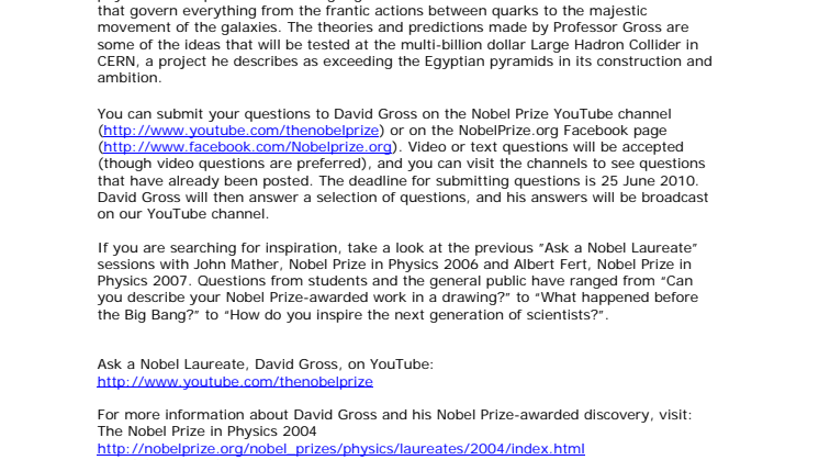 Ask a Nobel Laureate, David Gross, on YouTube and Facebook