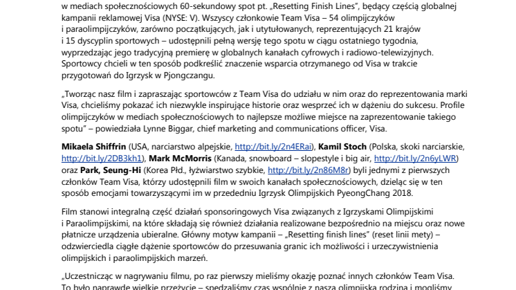 Sportowcy z Team Visa w spocie o Zimowych Igrzyskach Olimpijskich PyeongChang 2018