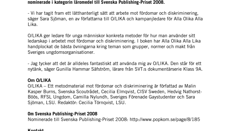 Alla Olika Alla Lika nominerade till Svenska Publishing-Priset