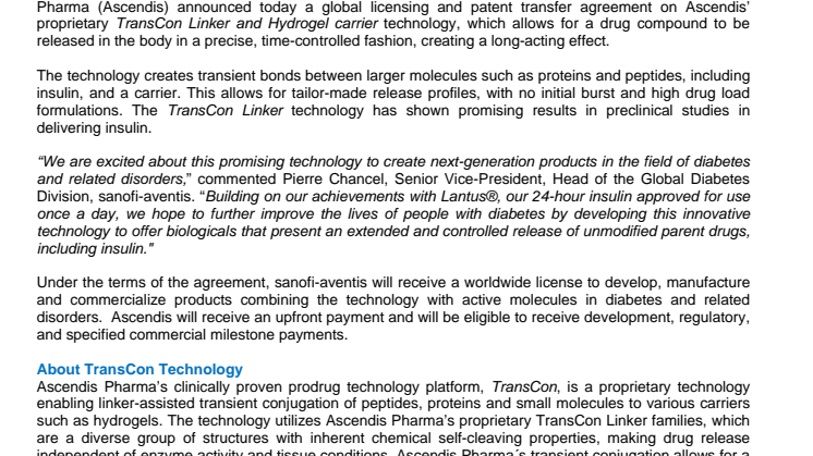 Sanofi-aventis Acquires from Ascendis Pharma Worldwide Rights on Drug-Delivery Technology in Diabetes and Related Disorders