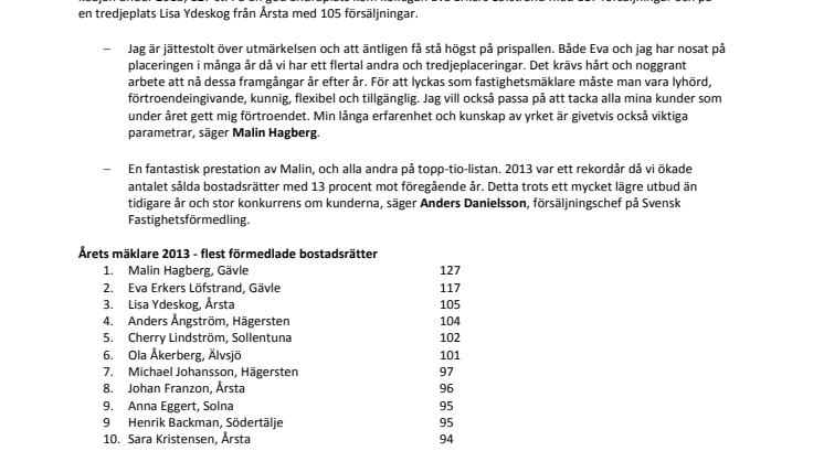 Gävlemäklare förmedlade flest bostadsrätter under 2013