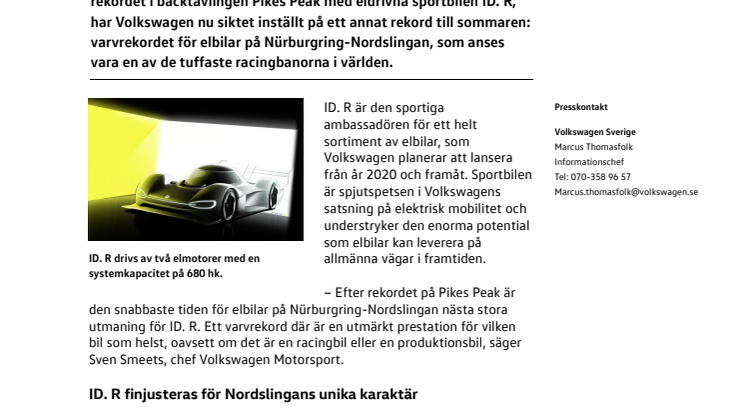 Volkswagen siktar på elbilsrekord på Nürburgring med ID. R