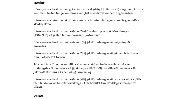 Beslut skyddsjakt på varg Orust