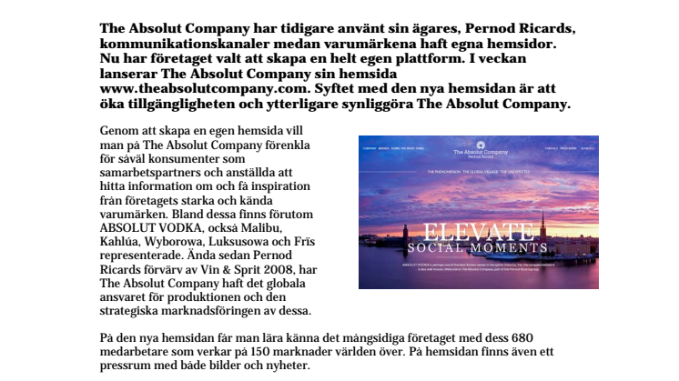The Absolut Company: Bolaget bakom ABSOLUT  VODKA lanserar egen hemsida