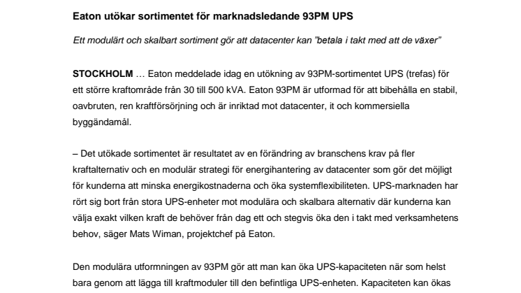 Eaton utökar sortimentet för marknadsledande 93PM UPS