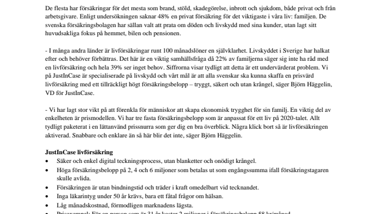 En tredjedel av alla svenska familjer tvingas lämna sina hem om partnern går bort. Nu lanseras JustInCase som helt fokuserar på livförsäkringar.